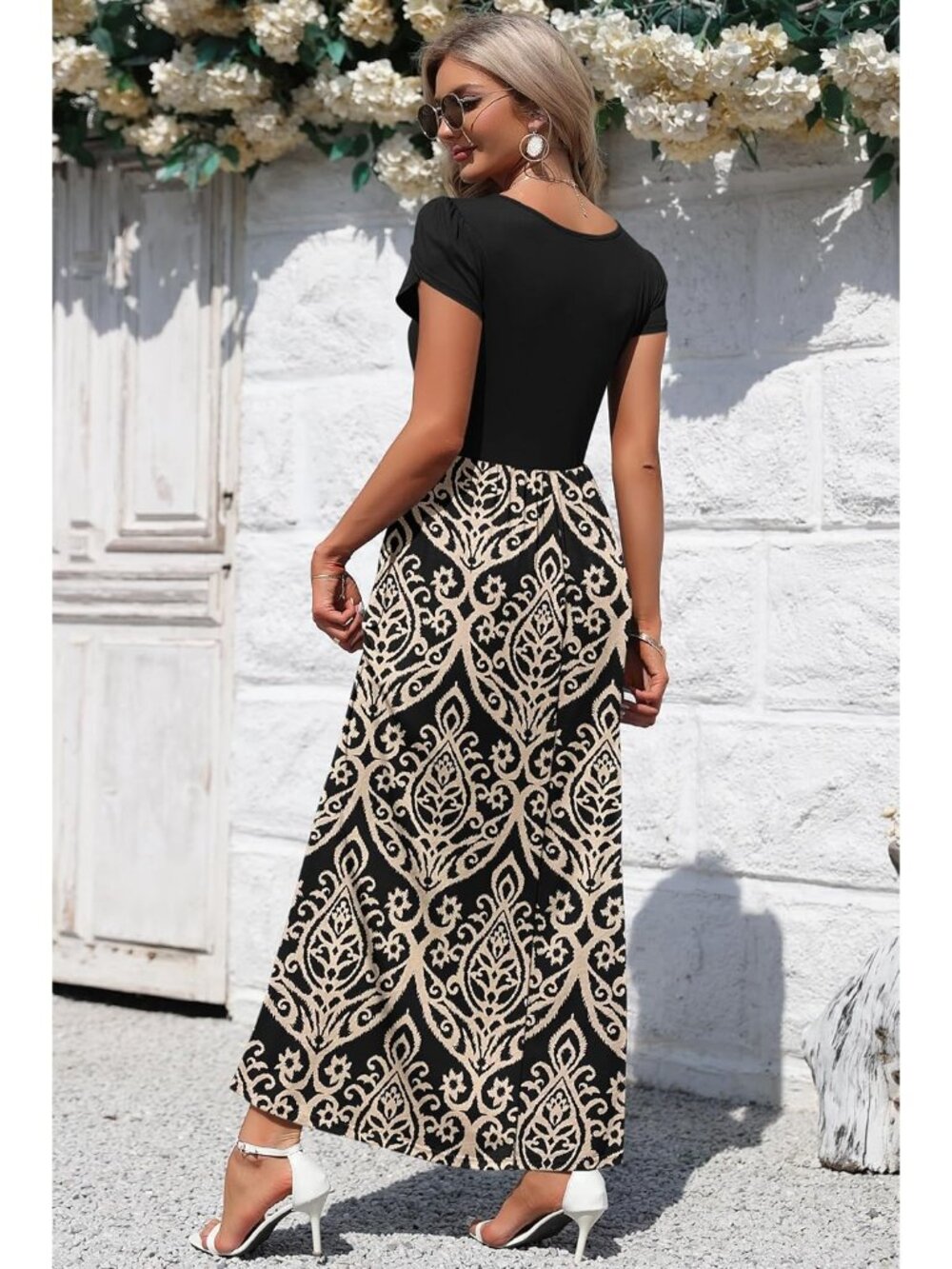 Women's Khaki Square Neck Maxi Dresses Petal Short Sleeve Casual Long Dress - Picture 3 of 4